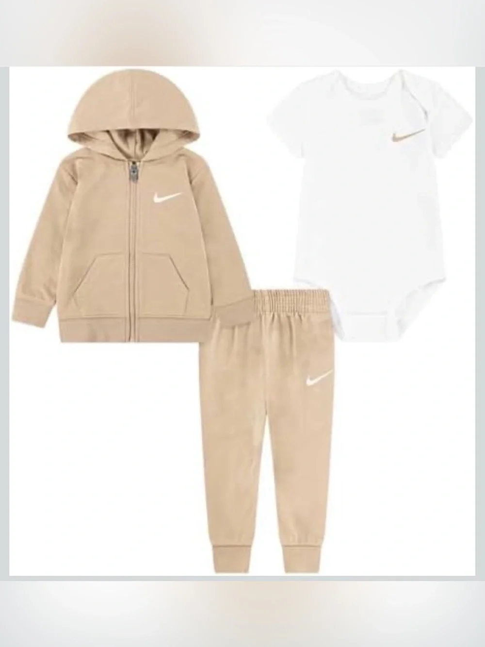Nike Tan “Hemp” & White Newborn Hoodie, Pants & Bodysuit Set - baby shower gift